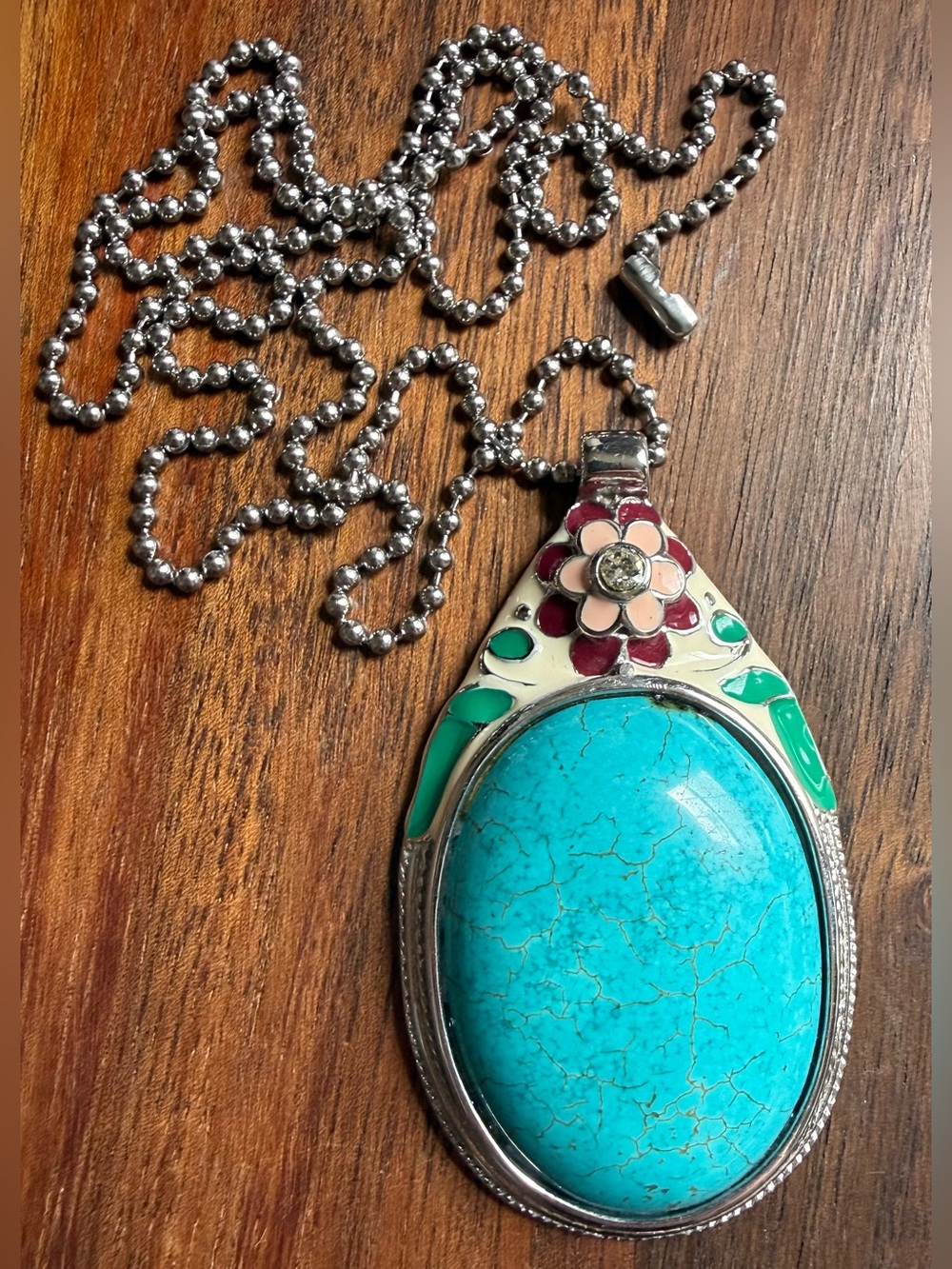 Faux Turquoise Howlite Stone Large Pendant Necklace with Floral Enamel Accents